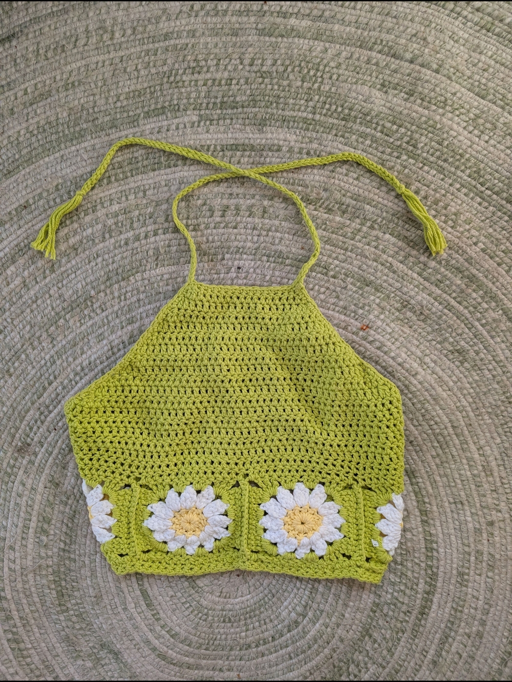 Handmade Lime Green Crochet Halter Top with Daisy Detail